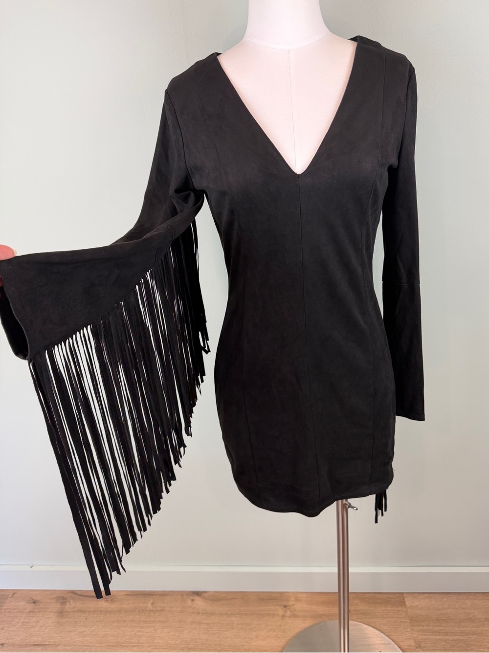 Forever 21 Black Suede-Look Mini Dress with Fringe Sleeves